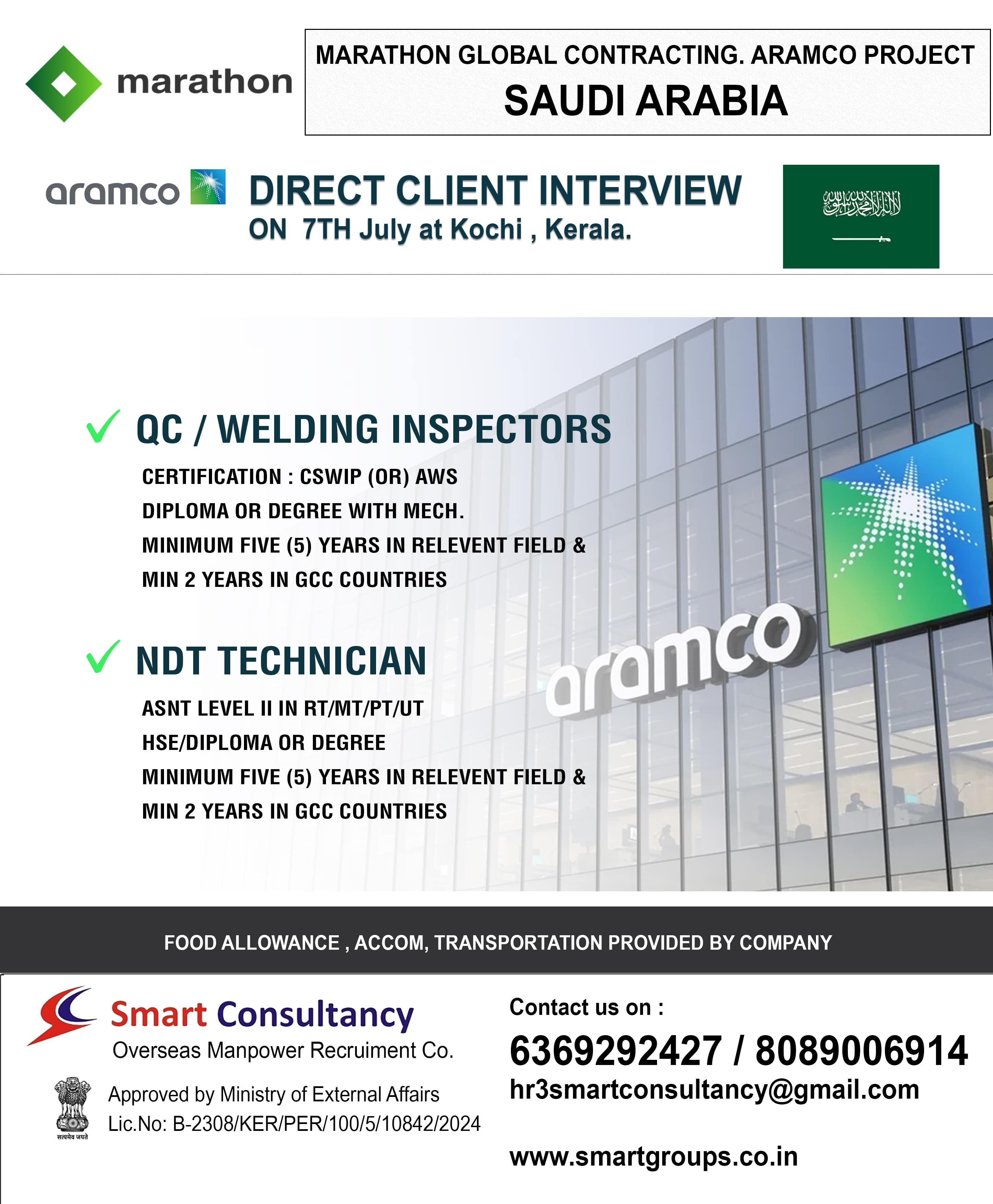 Marathon Global Contracting. ARAMCO PROJECT SAUDI ARABIA DIRECT CLIENT INTERVIEWON 7TH July at Kochi , Kerala.