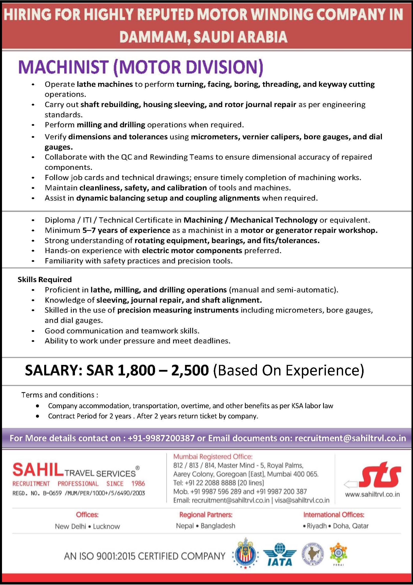 URGENTLY REQUIRED FOR HIGHLY REPUTED AND HUGE COMPANY DAMMAM, SAUDI ARABIA.