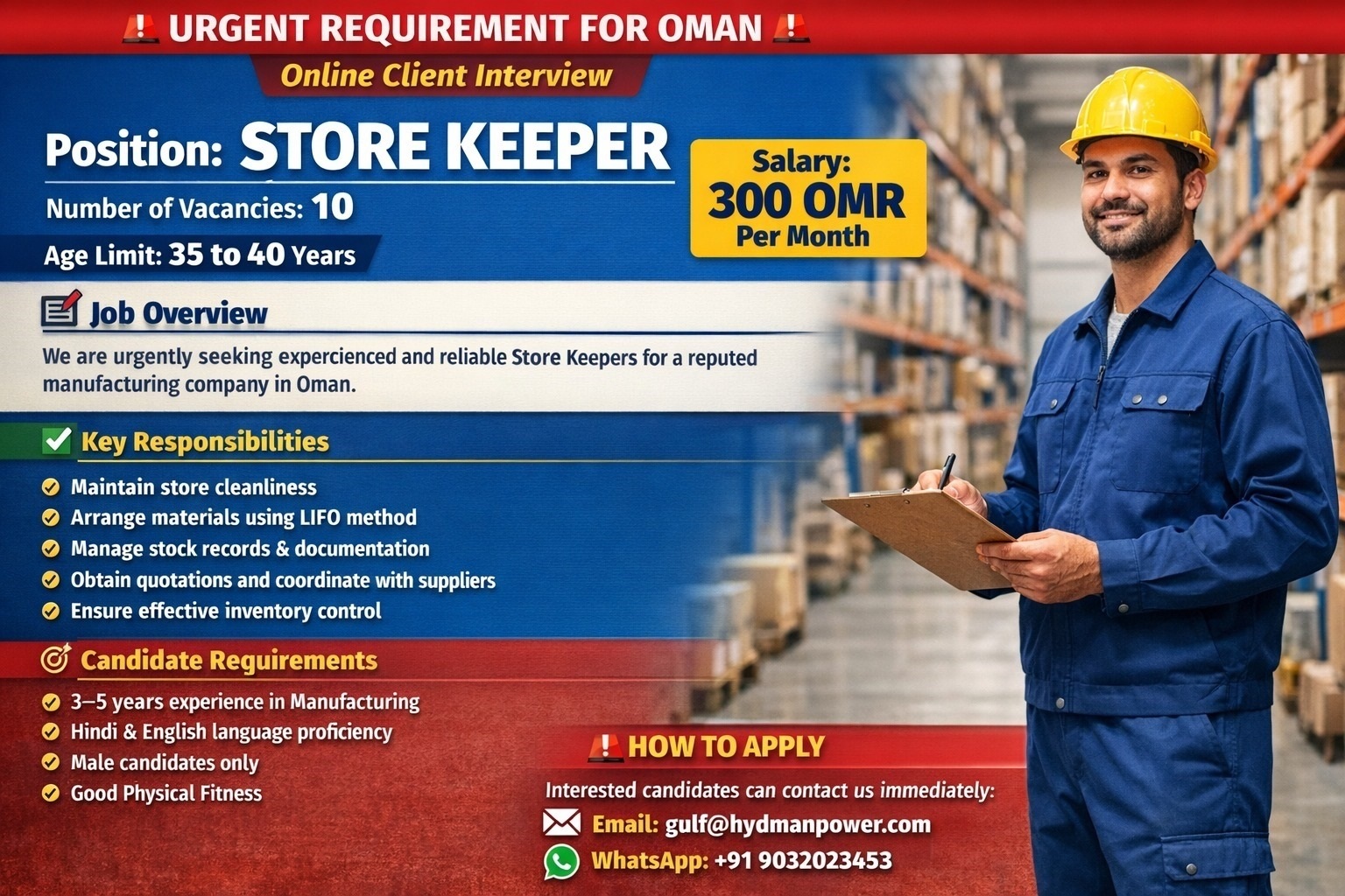 Urgent Hiring Store Keeper for OMAN