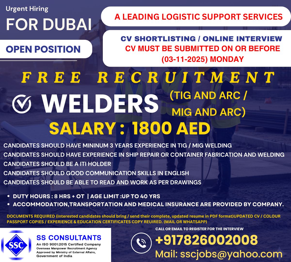 Welder Jobs in Dubai - Free Recruitment, 1800 AED Salary