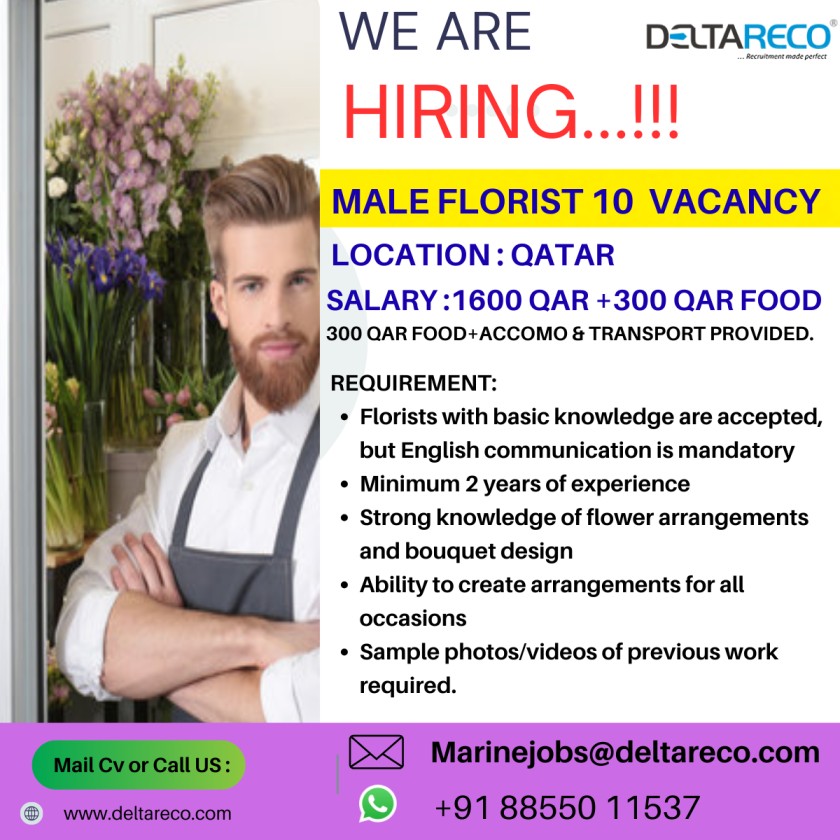 Hiring  Male Florist  for Qatar Location 10 Vacancy