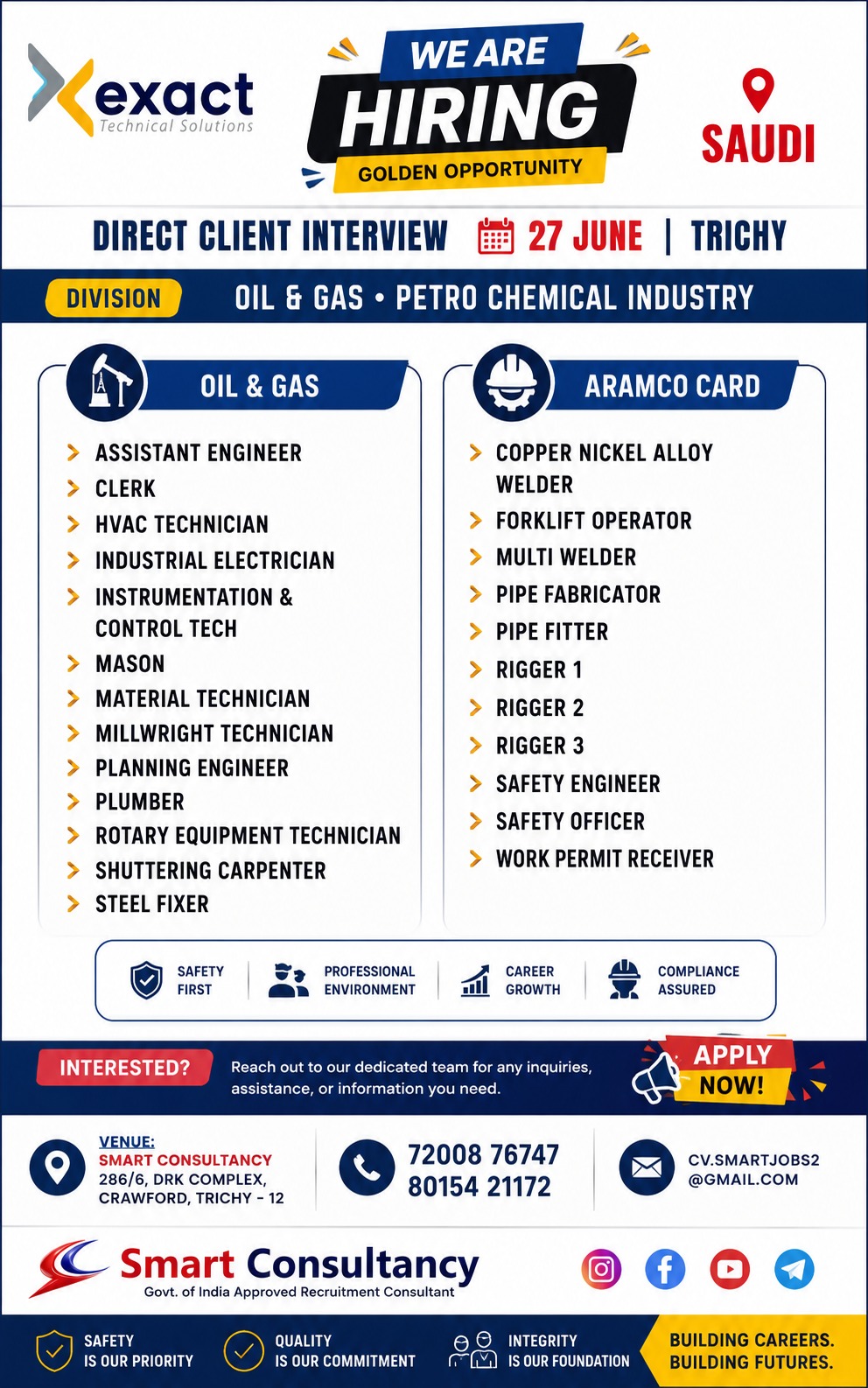 🚨 Saudi Arabia Oil & Gas Jobs 2026 | Direct Client Interview in Trichy! 🇸🇦 Golden opportunity for experienced professionals seeking Gulf careers in the Oil & Gas and Petrochemical Industry. Direct Client Interview on 27 June 2026 (Trichy) for mult