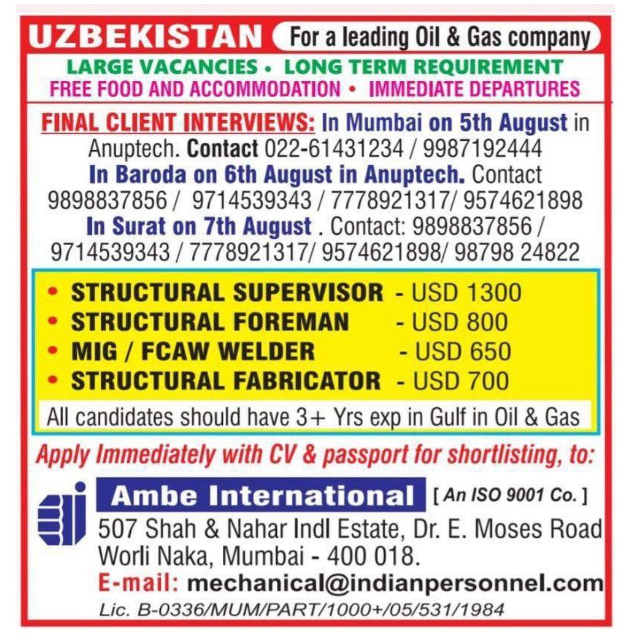 Interview in Mumbai for Oil & Gas