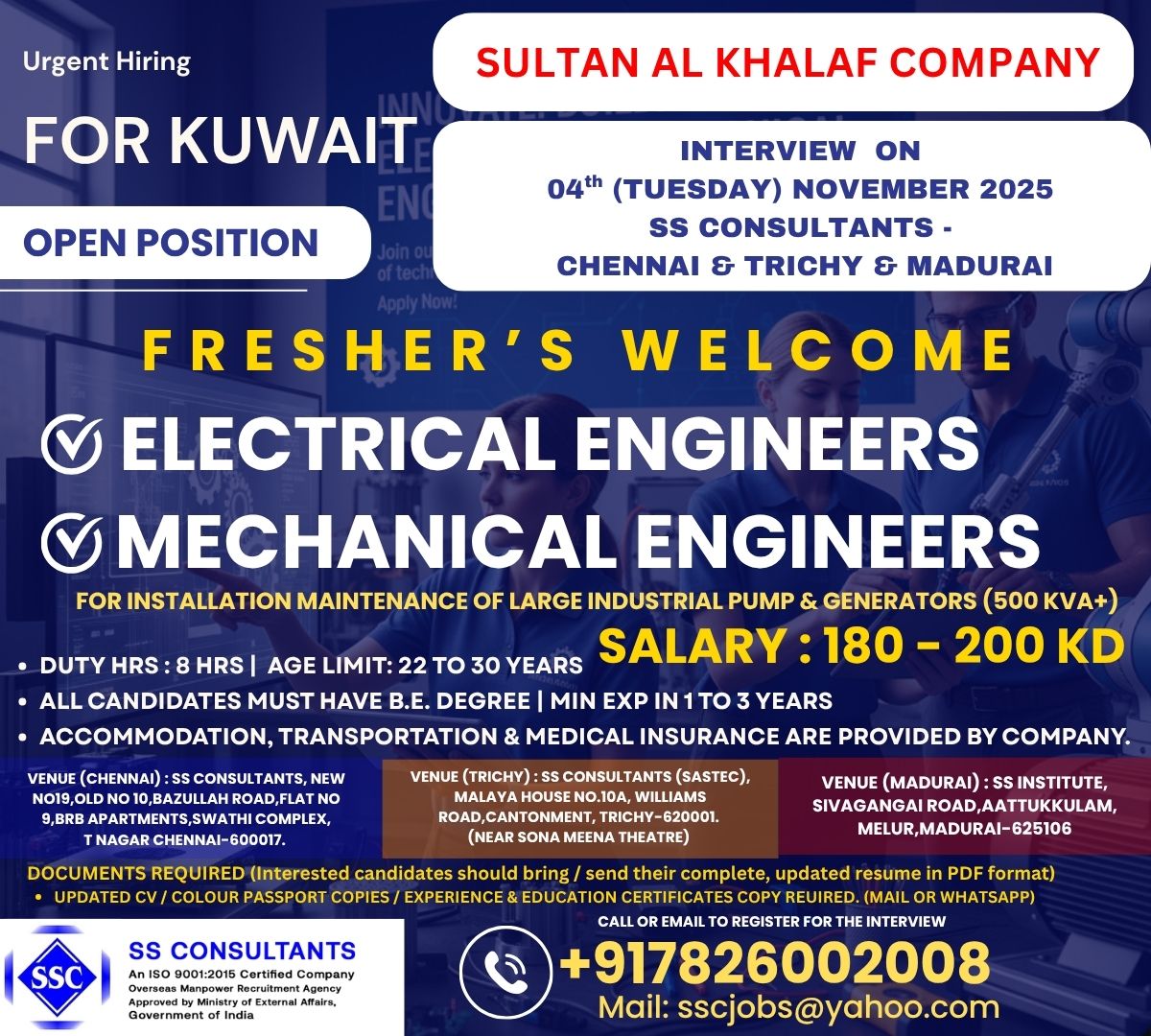 Electrical & Mechanical Engineers Urgently Hiring for Kuwait - 180-200 KD