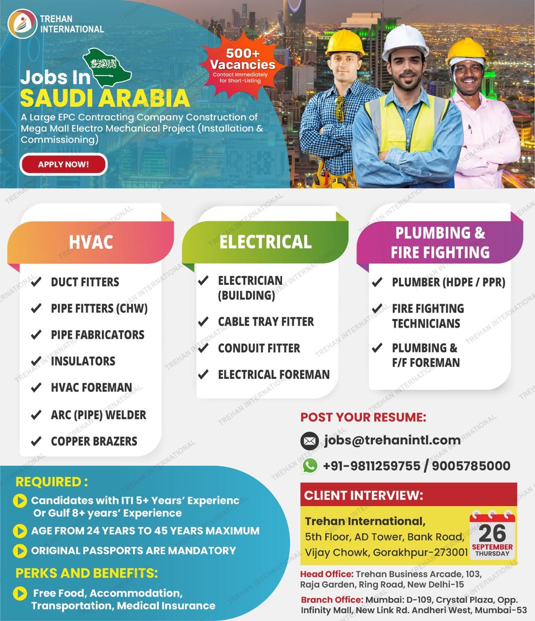 Walk-In Interviews for Saudi Arabia – HVAC, Electrical, Plumbing & Fire Fighting Roles