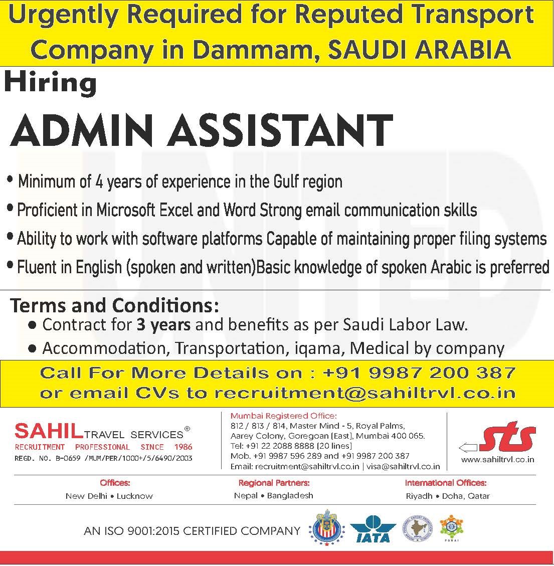 URGENT REQURIMENT FOR REPUTED COMAPNY IN DAMMAN,SAUDI ARABIA