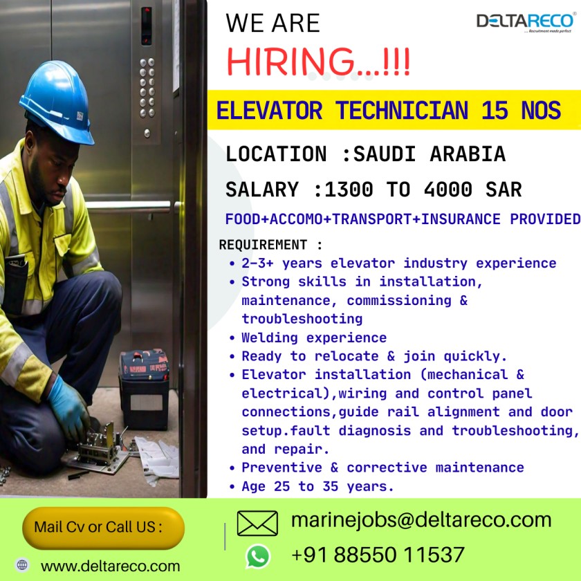 Hiring Elevator Technicians Lift Technicians for Saudi Arabia 