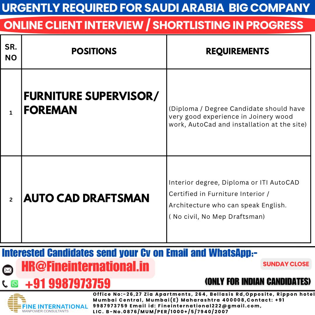 URGENTLY REQUIRED FOR SAUDI ARABIA BIG COMPANY  ONLINE CLIENT INTERVIEW / SHORTLISTING IN PROGRESS