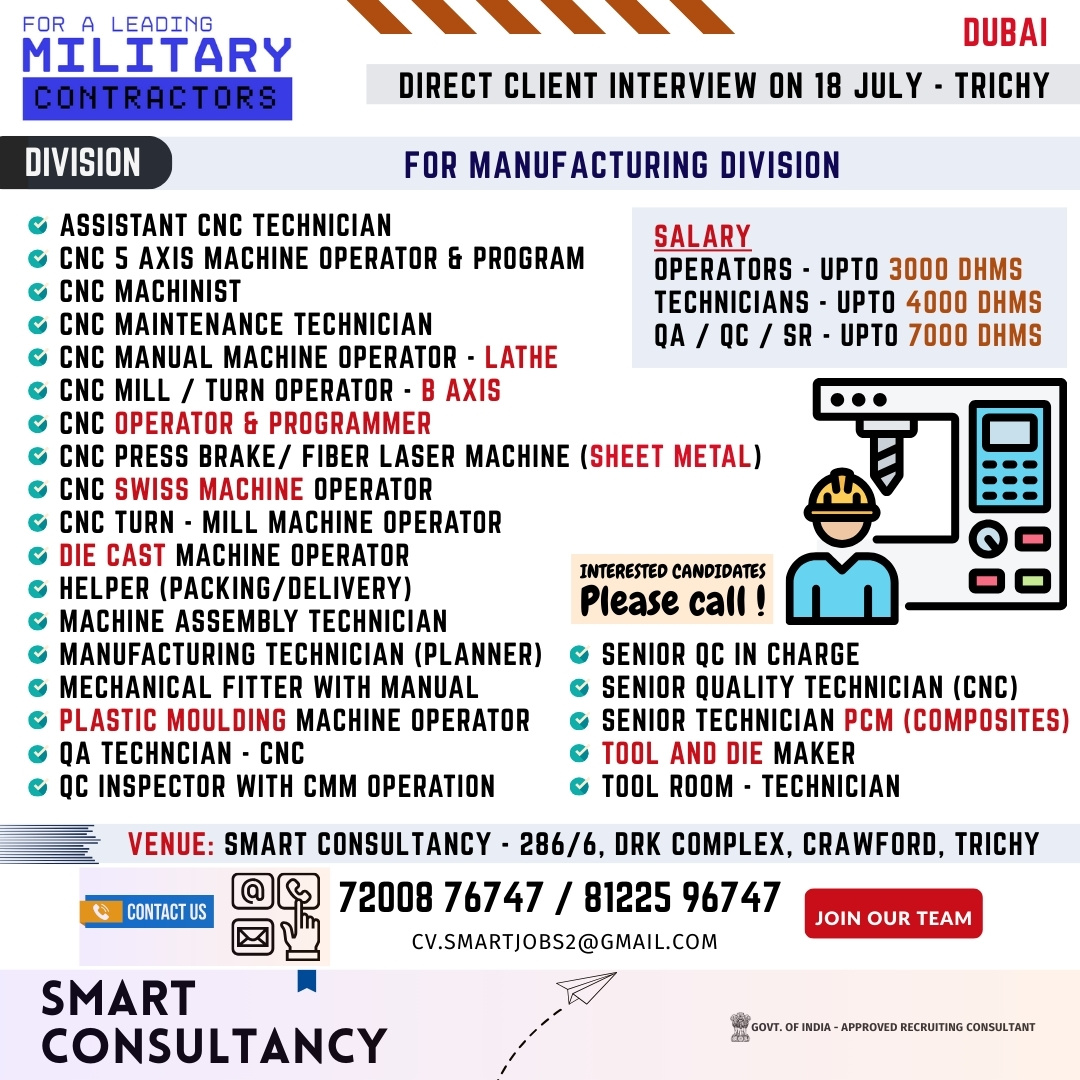 WANTED FOR A LEADING MILITARY PRODUCTS MANUFACTURING COMPANY - UAE  MANUFACTURING DIVISION  DIRECT CLIENT INTERVIEW ON 18 JULY - TRICHY 
