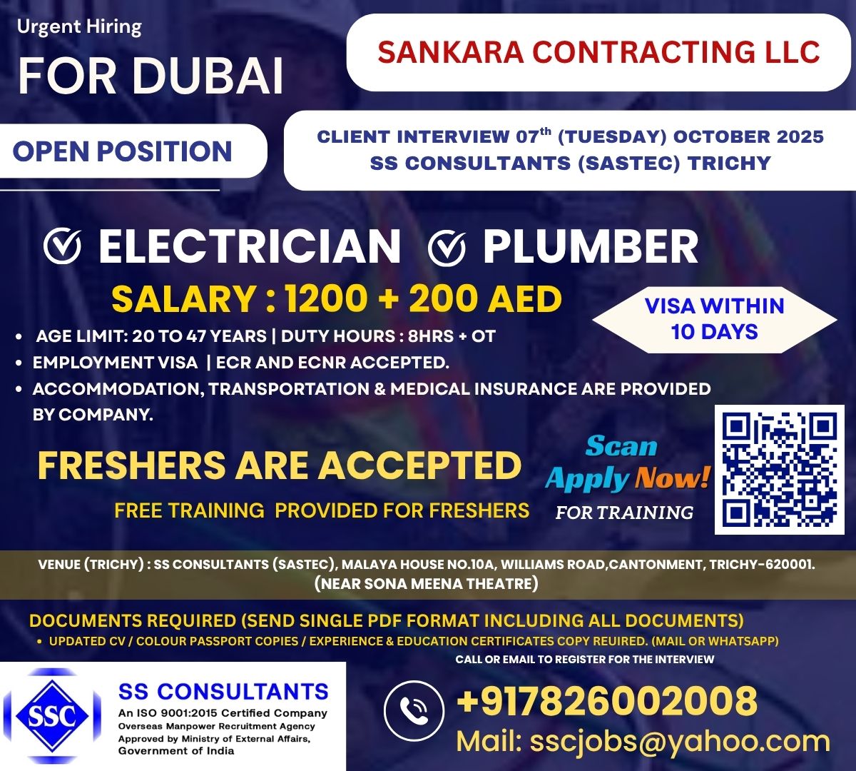 Electrician & Plumber Jobs in Dubai: 1200-1400 AED Salary, Free Accommodation | Sankara Contracting LLC