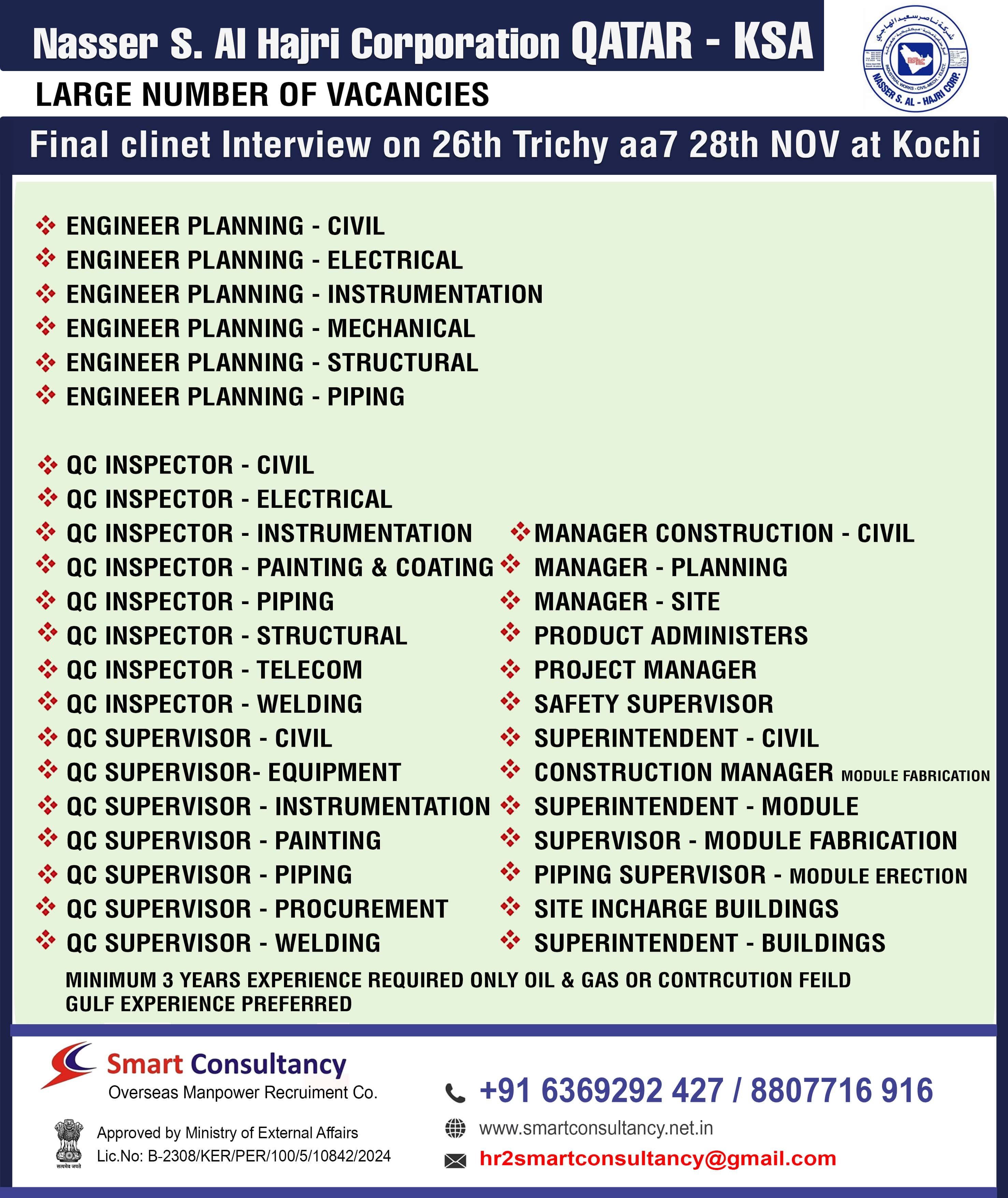 Nasser S. Al Hajri Corporation QATAR - KSA Final client Interview on 26th at Trichy & 28th NOV at Kochi , Kerala