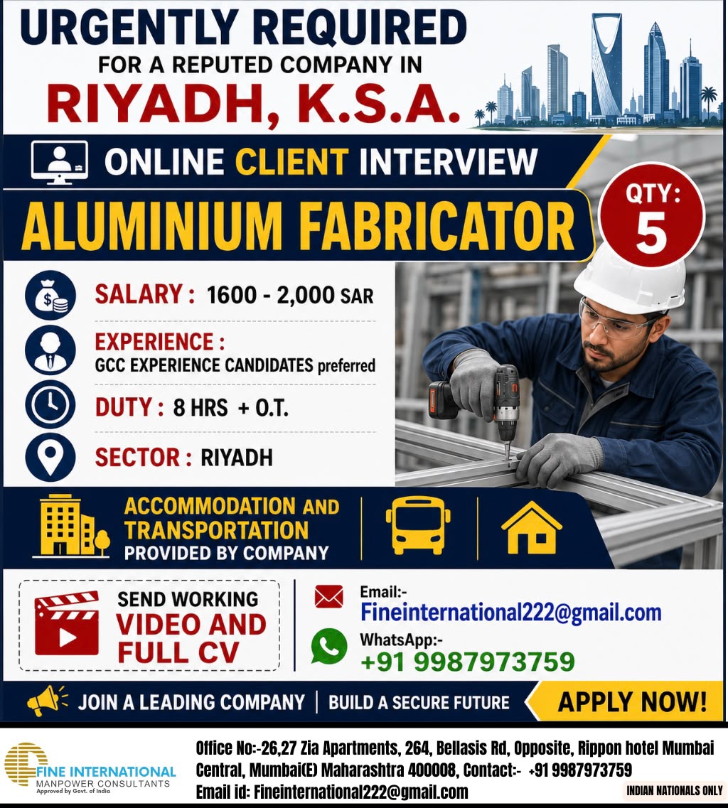 URGENTLY REQUIRED FOR A REPUTED COMPANY IN RIYADH K.S.A.  ONLINE CLIENT INTERVIEW 