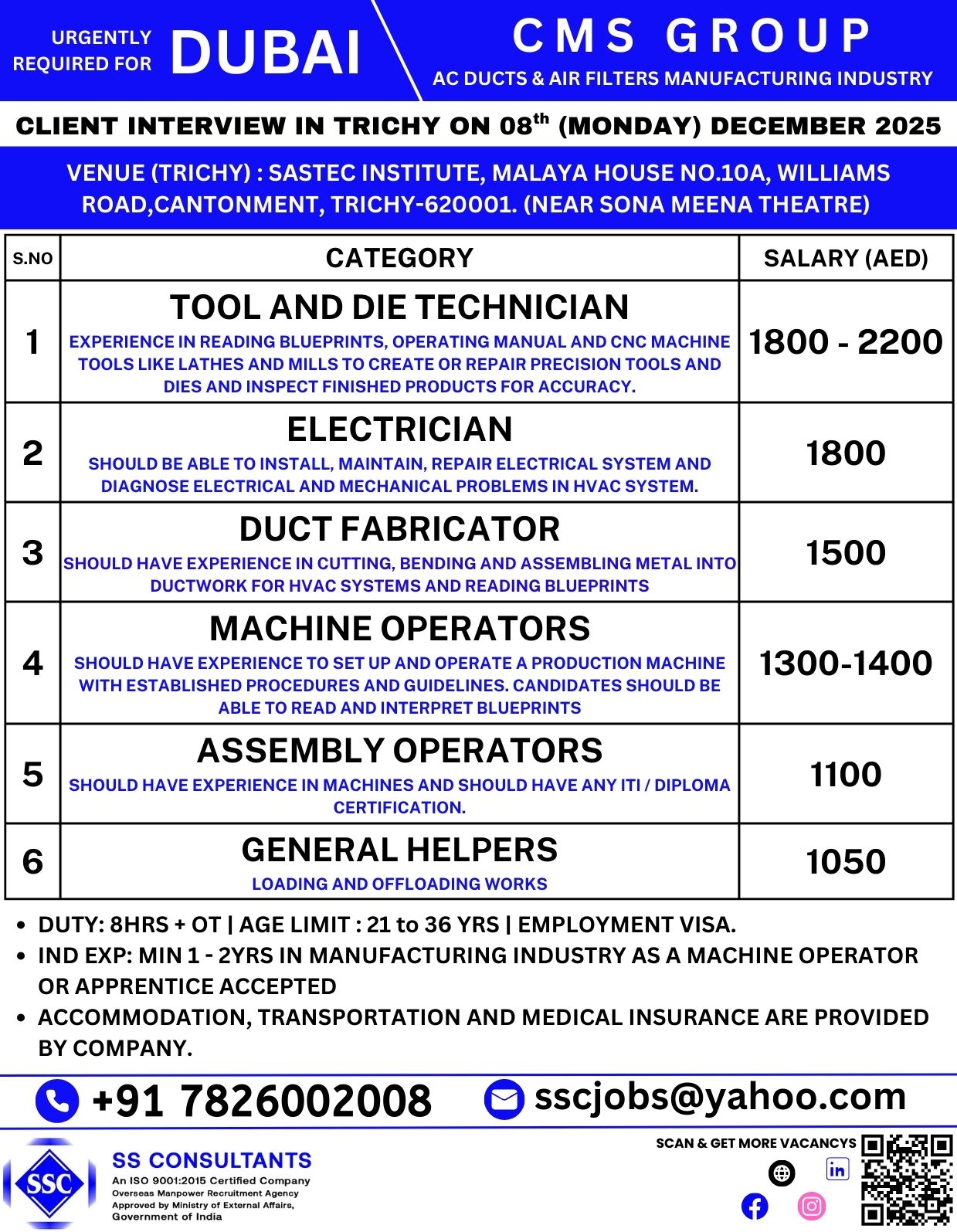 Urgent Hiring in Trichy for CMS Group - Multiple Manufacturing Vacancies - Interview on Dec 08