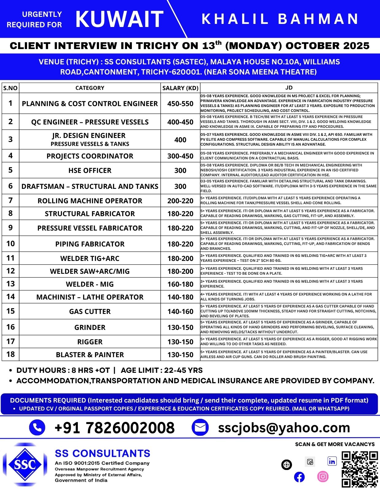 Urgent Hiring for Kuwait: Engineering & Fabrication Jobs - Interview on Oct 13