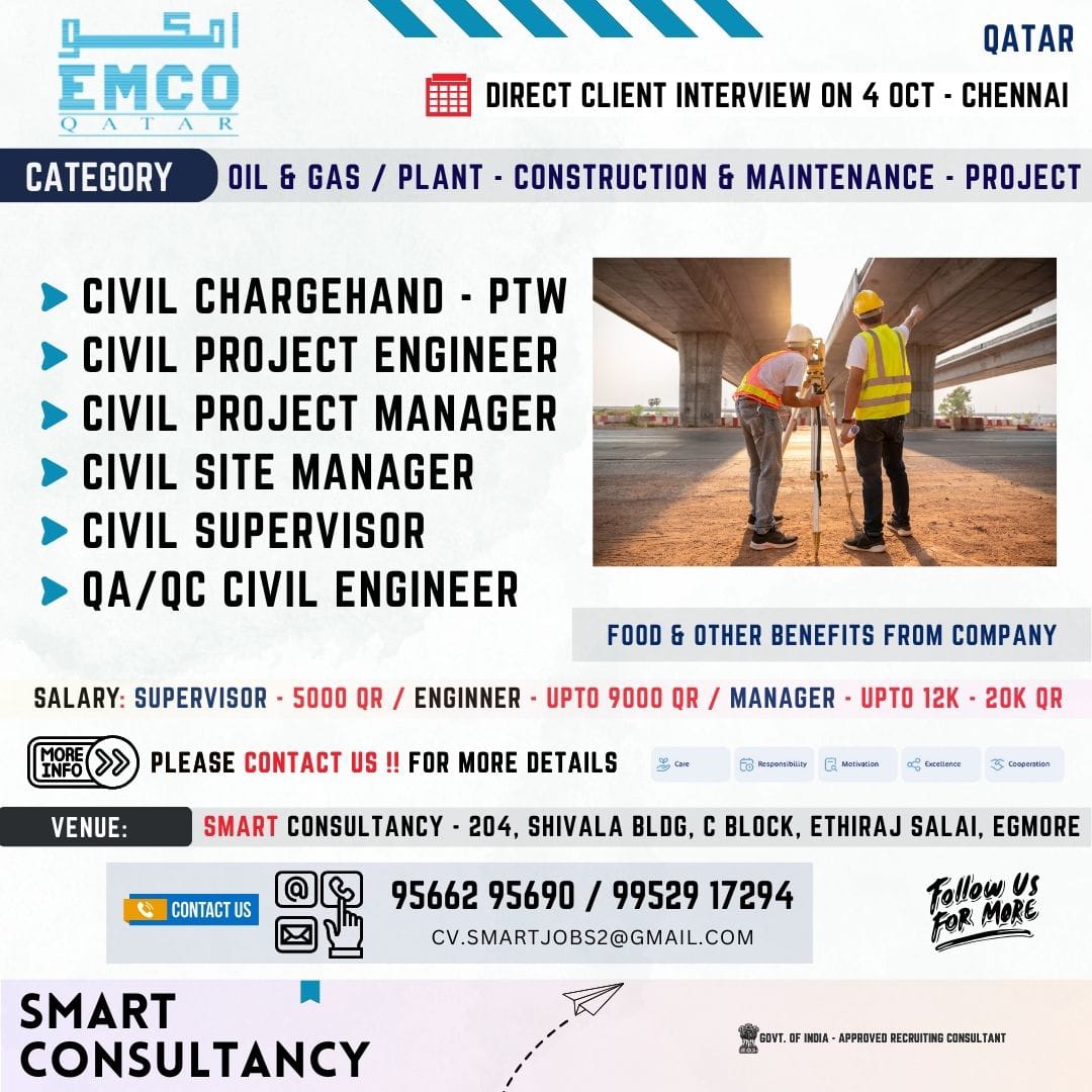 WANTED FOR A LEADING OIL & GAS PLANT MAINTENANCE COMPANY - QATAR / DIRECT CLIENT INTERVIEW ON 4TH OCTOBER - CHENNAI 