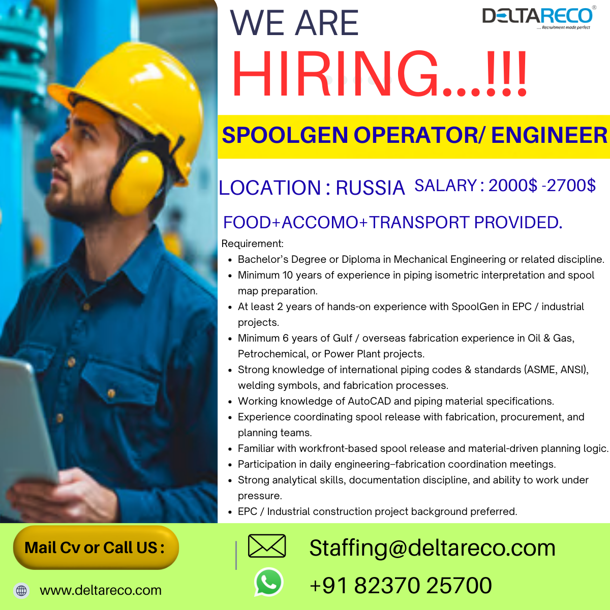 Hiring  Spoolgen Engineer Operator for Russia