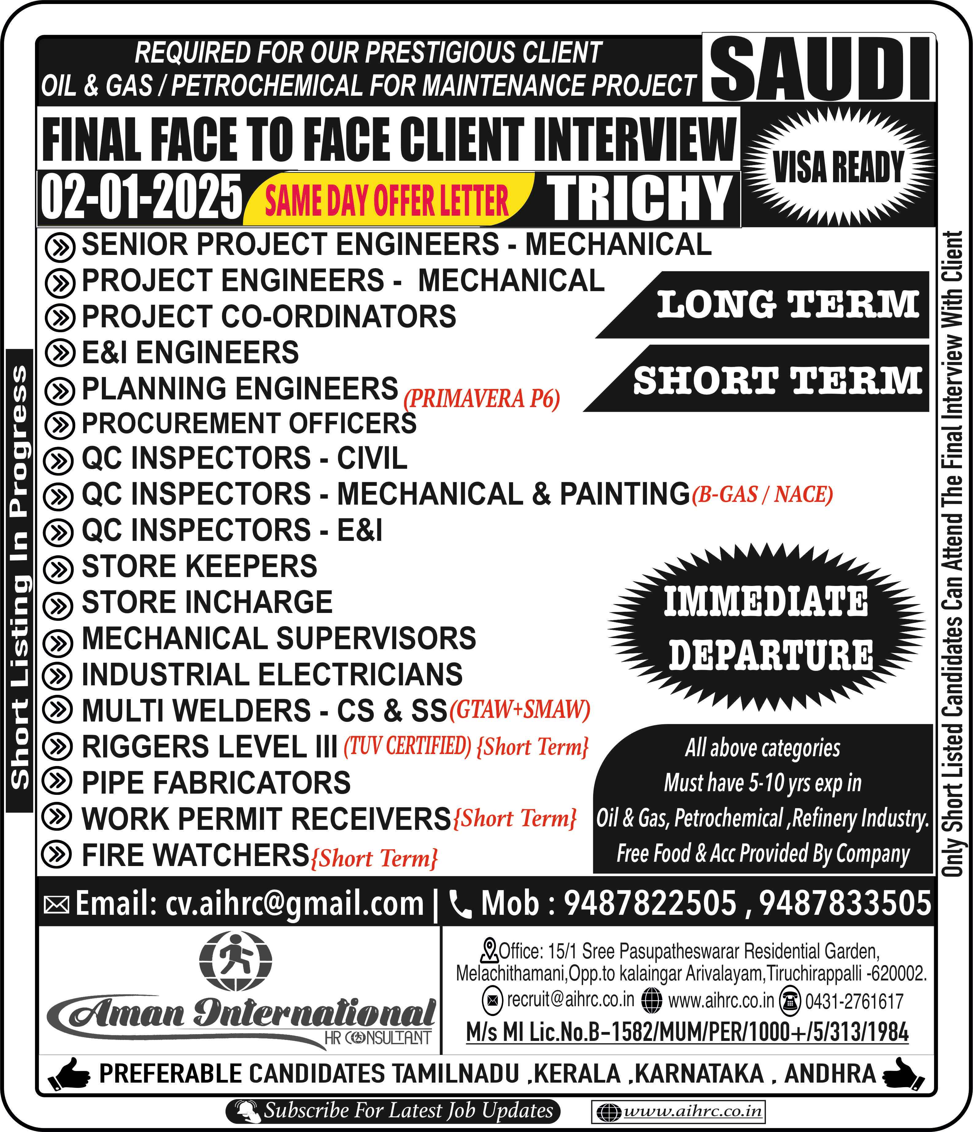 Required For Al Amara International - Saudi Arabia 
