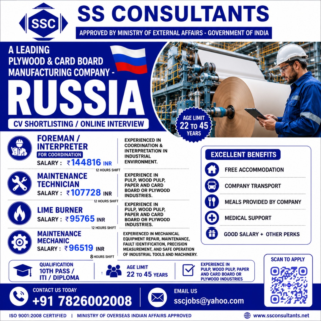 Russia Manufacturing Company Hiring – ITI / Diploma Jobs for Indians