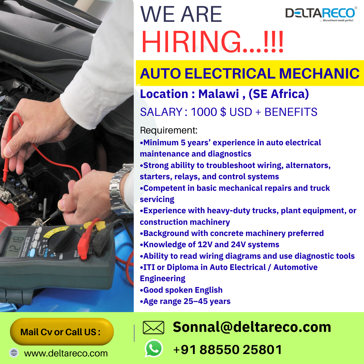 Hiring Auto Electrical Technician for SOuth Africa