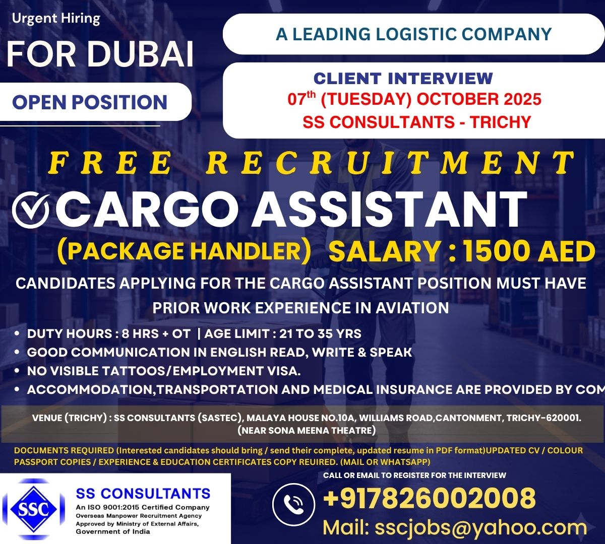 Cargo Assistant Jobs in Dubai - 1500 AED Salary, Free Recruitment | SS Consultants