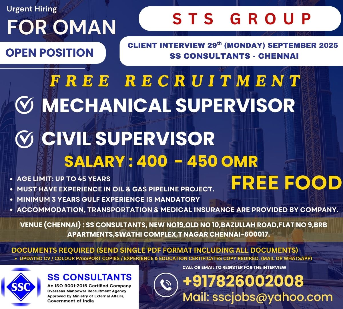 Urgently Hiring Mechanical & Civil Supervisors for Oman - 450 OMR