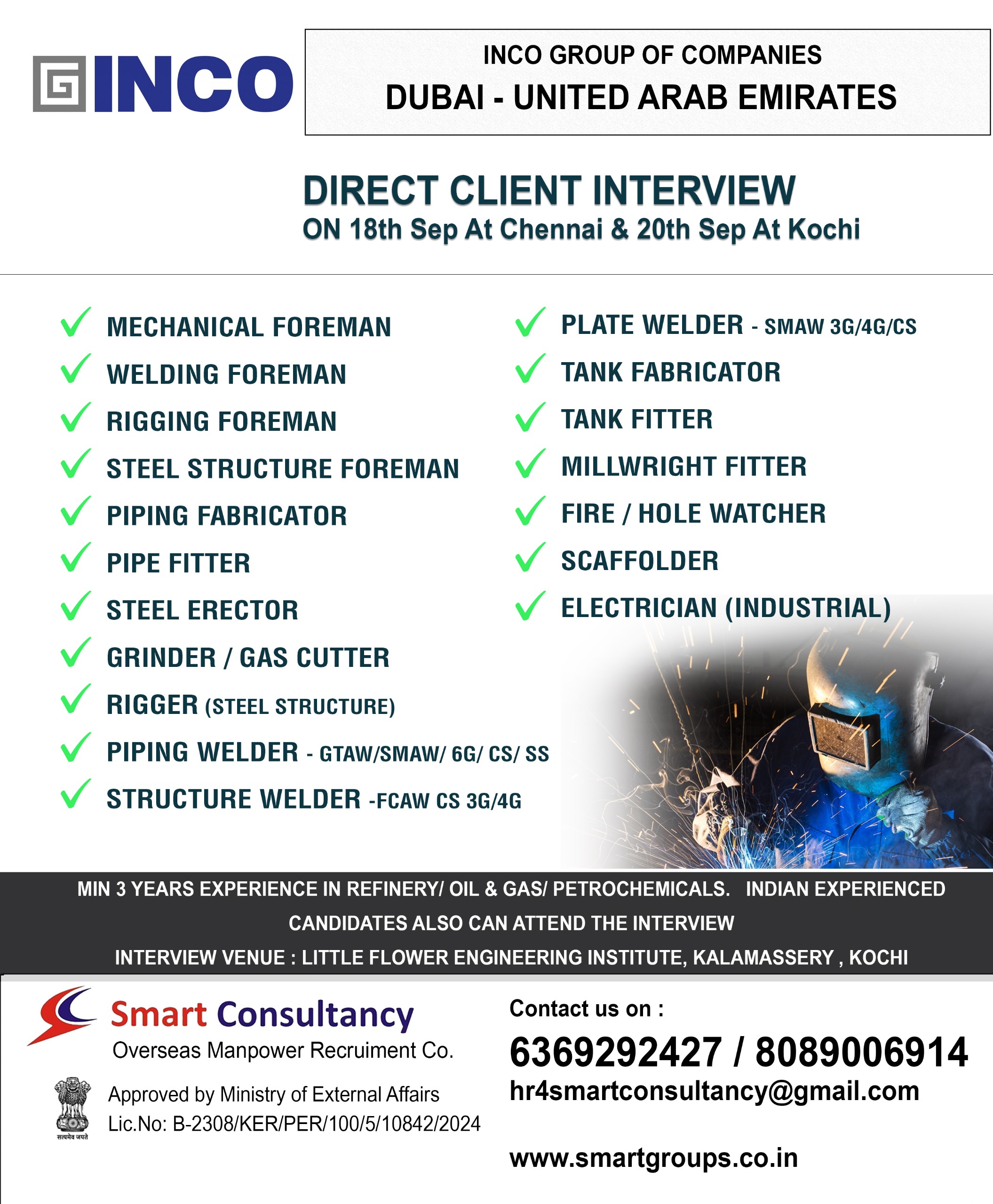 WE ARE HIRING FOR INCO GROUP OF COMPANIES DUBAI ,DIRECT CLIENT INTERVIEW ON 18TH SEP AT CHENNAI & 20TH SEP AT COCHIN