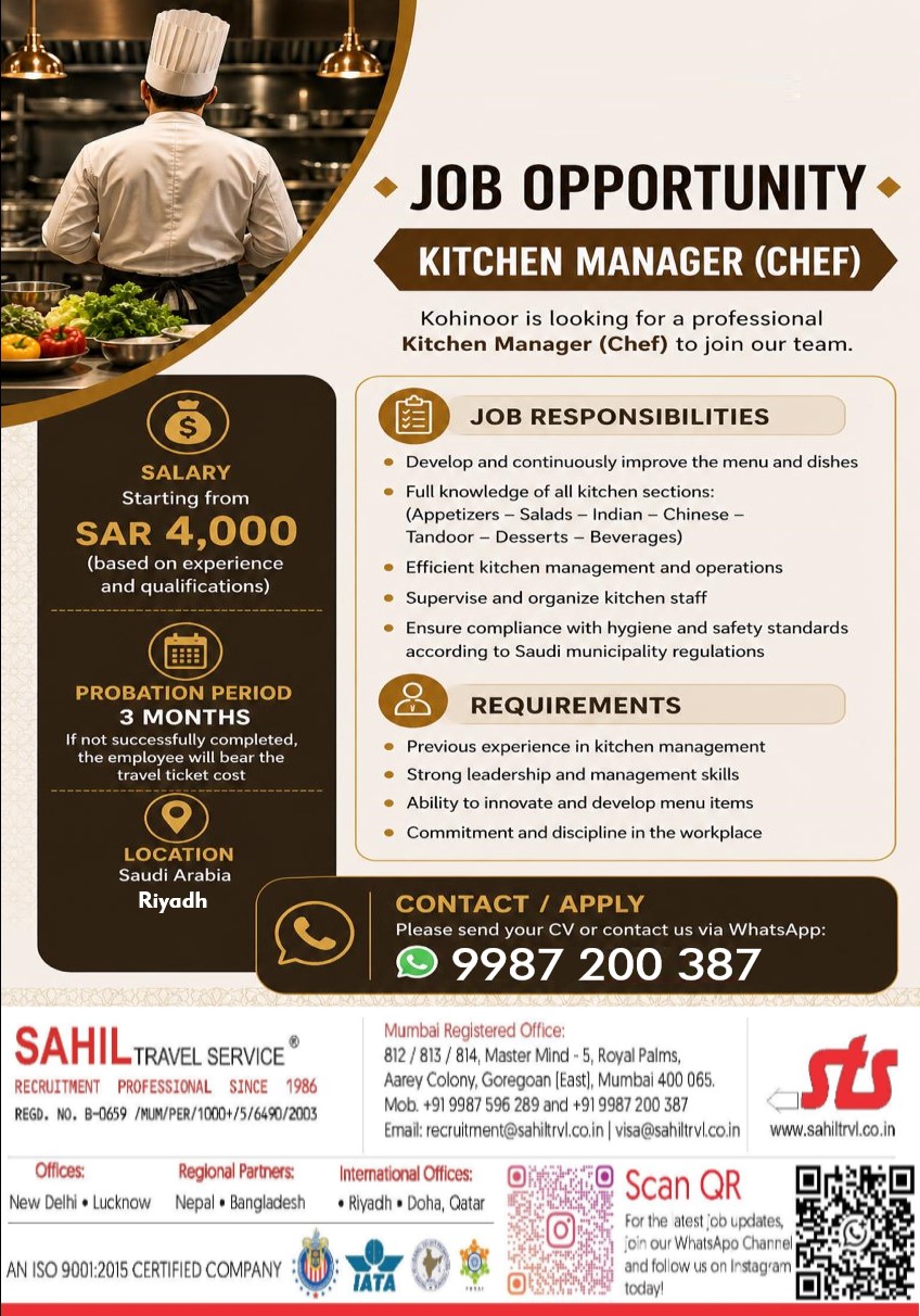 Hiring for Saudi– Required for Huge and Highly Reputed Restaurant in Riyadh, Saudi Arabia