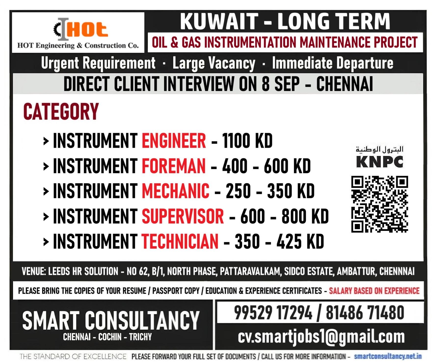 WANTED FOR A LEADING OIL & GAS INSTRUMENTATION PROJECT - KUWAIT / DIRECT CLIENT INTERVIEW ON 8 SEP - CHENNAI