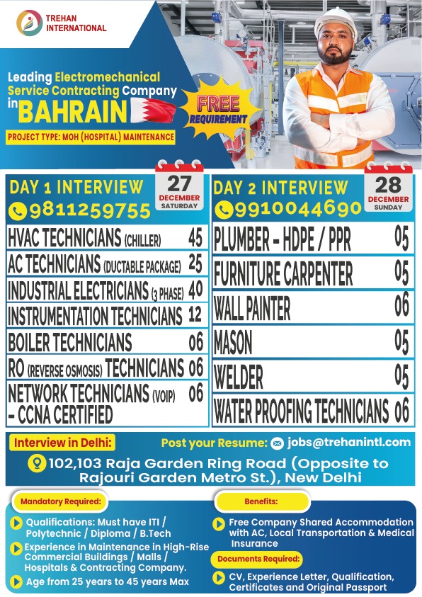 FREE RECRUITMENT | BAHRAIN | MOH (Hospital Maintenance)
