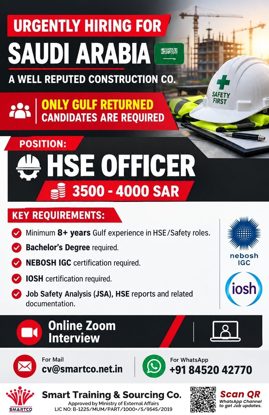 URGENTLY HIRING FOR SAUDI ARABIA  A WELL REPUTED CONSTRUCTION CO.