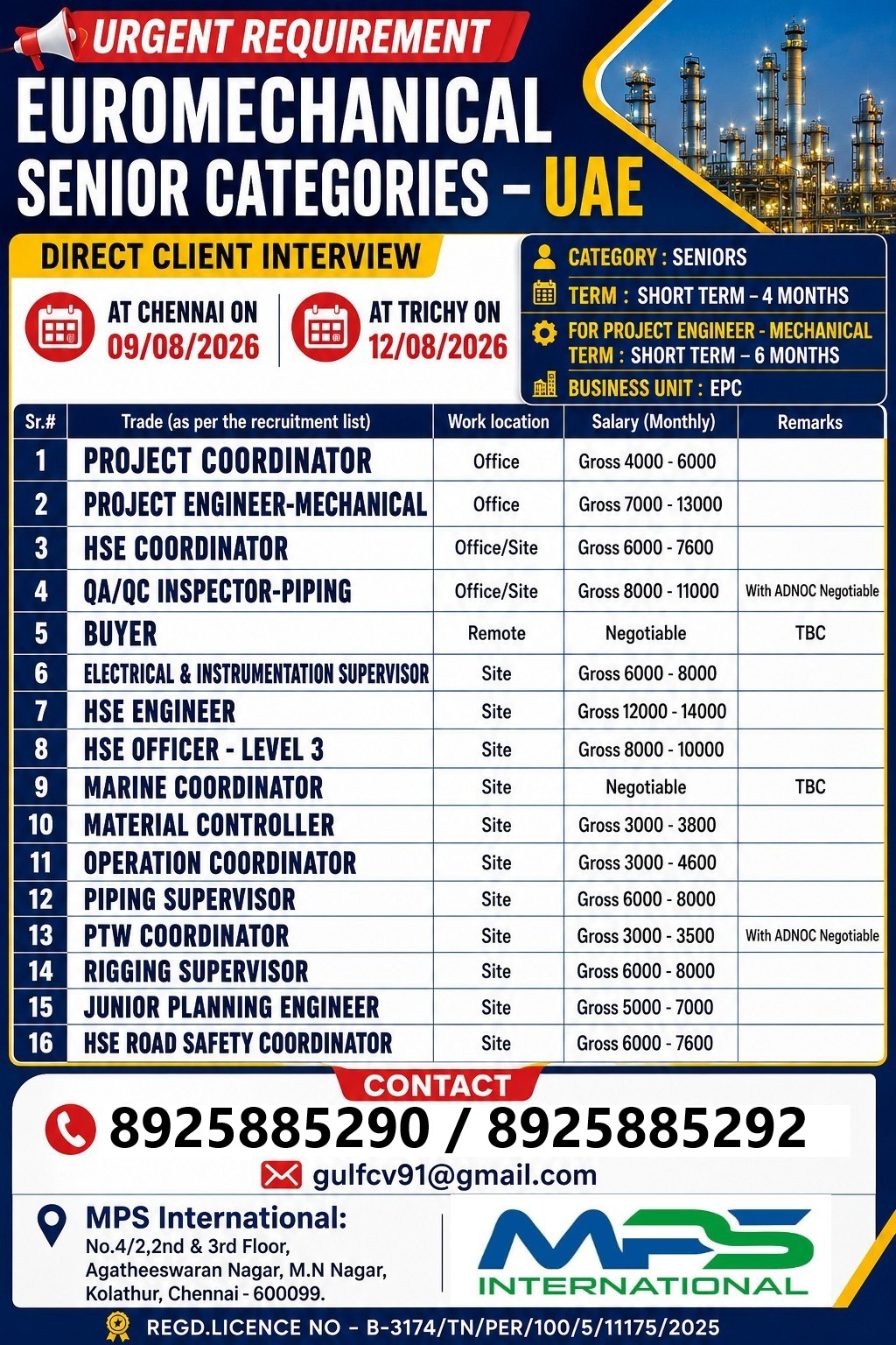 DIRECT CLIENT INTERVIEW At Chennai on: 09/08/2026 At Trichy on: 12/08/2026