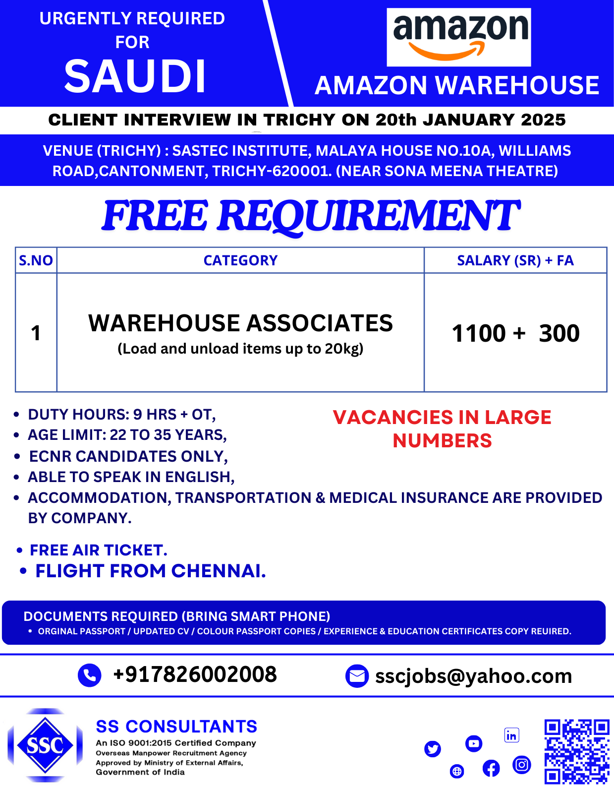 Urgent Hiring for Amazon Warehouse Jobs in Saudi – Walk-In Interview in Trichy on Jan 20 - Free Recruitment