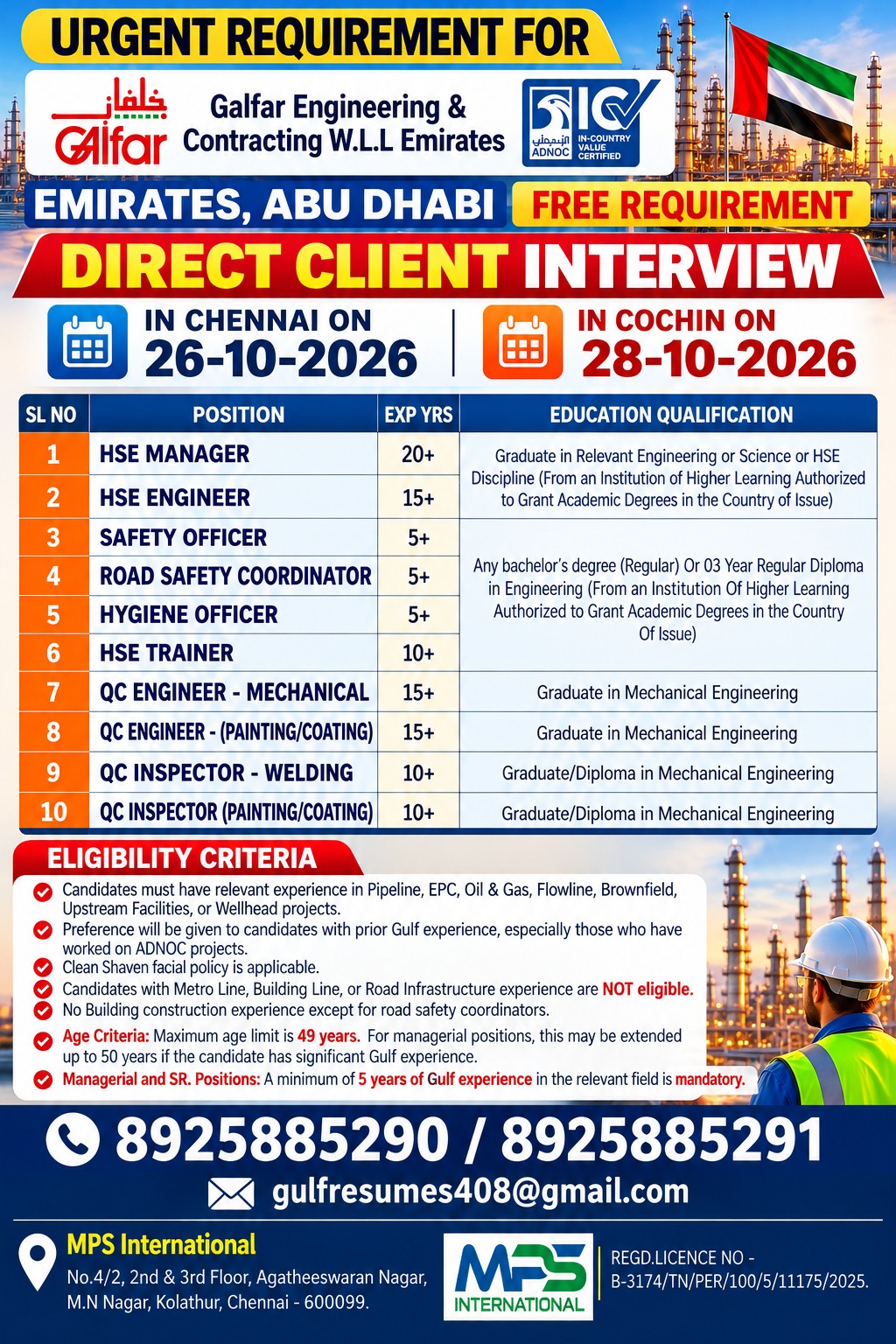 Direct Client Interview in Chennai: 26-10-2026 Cochin: 28-10-2026