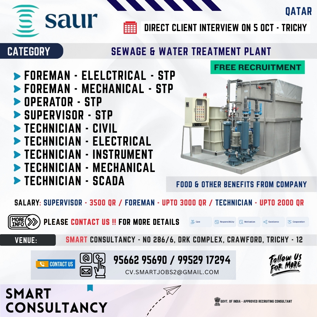 WANTED FOR A LEADING WATER TREATMENT PLANT COMPANY - QATAR / DIRECT CLIENT INTERVIEW ON 5TH OCTOBER - TRICHY