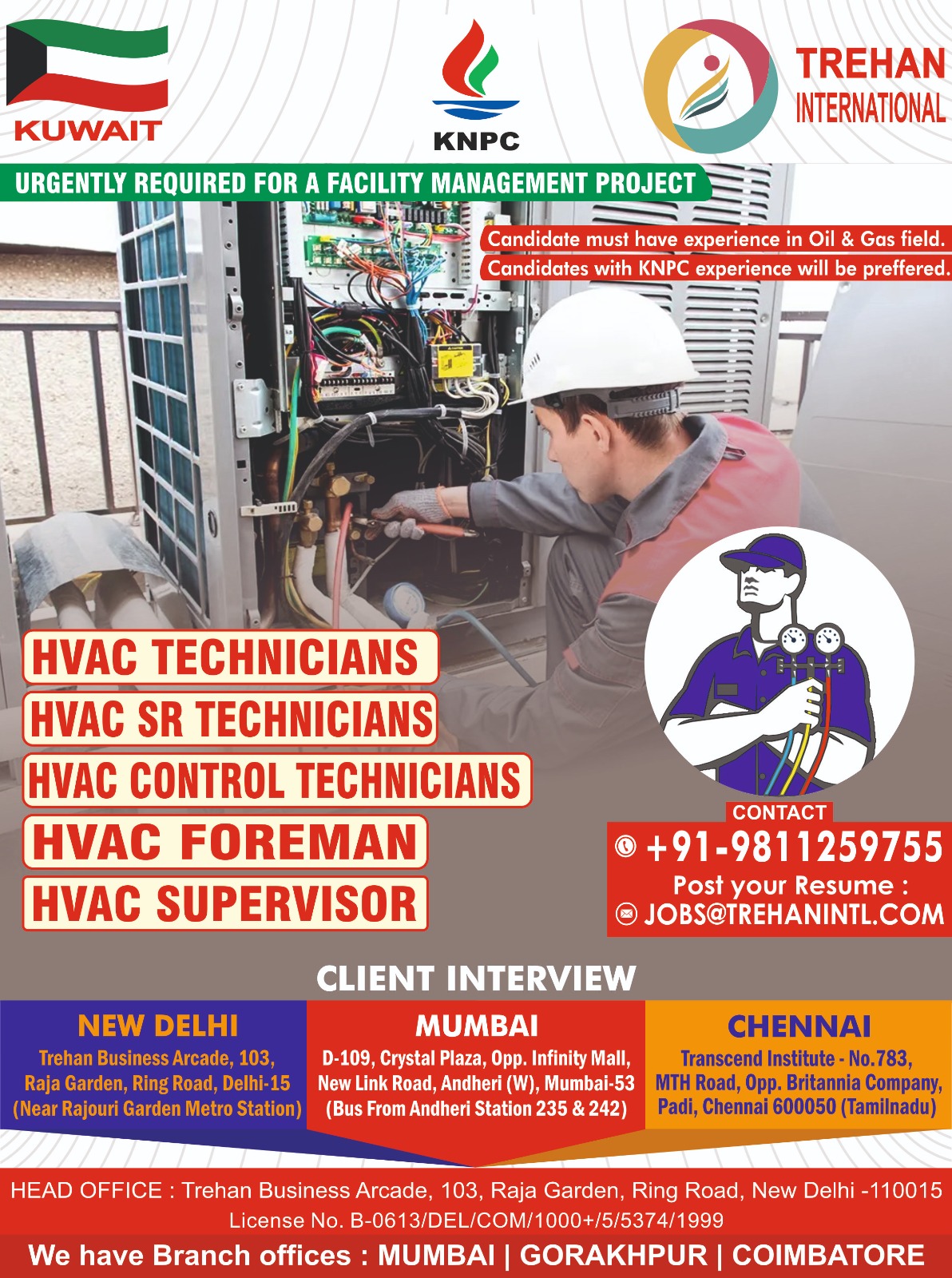 Urgent Requirement for HVAC Technician- KNPC Project in Kuwait