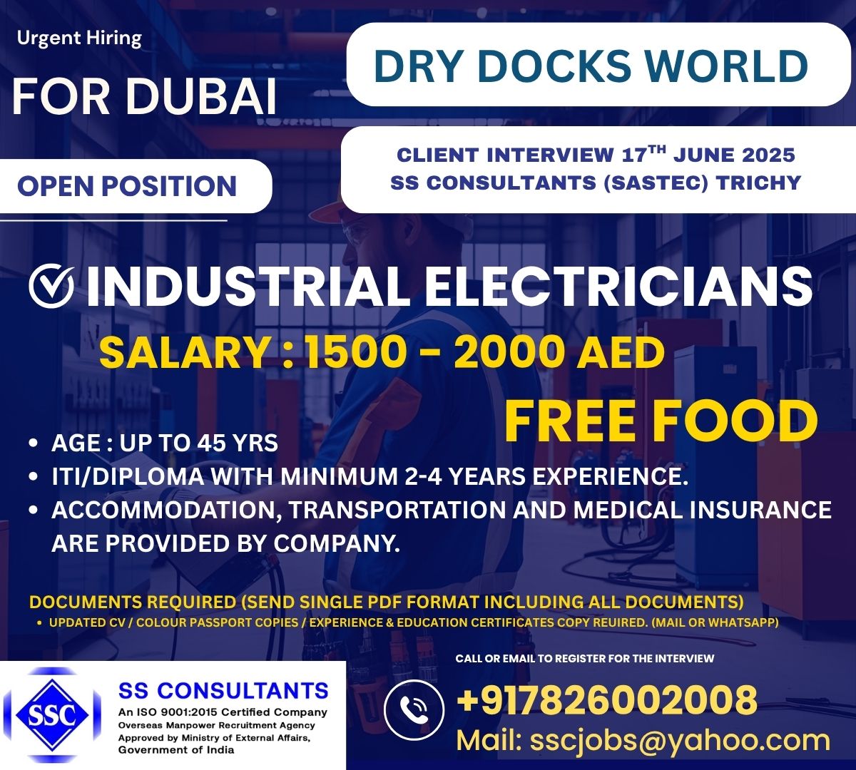 Dry Docks World Dubai Hiring: Electrician Jobs (2000 AED, Free Visa/Accom.) | Interview 17th June