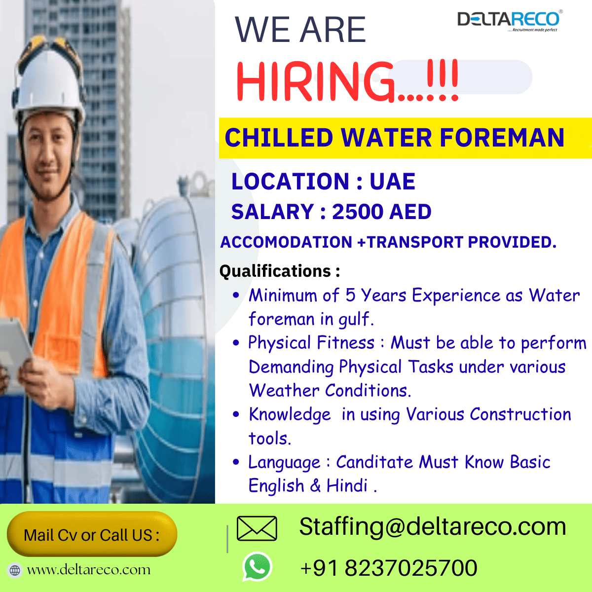 Hiring Chilled Water foreman for UAE