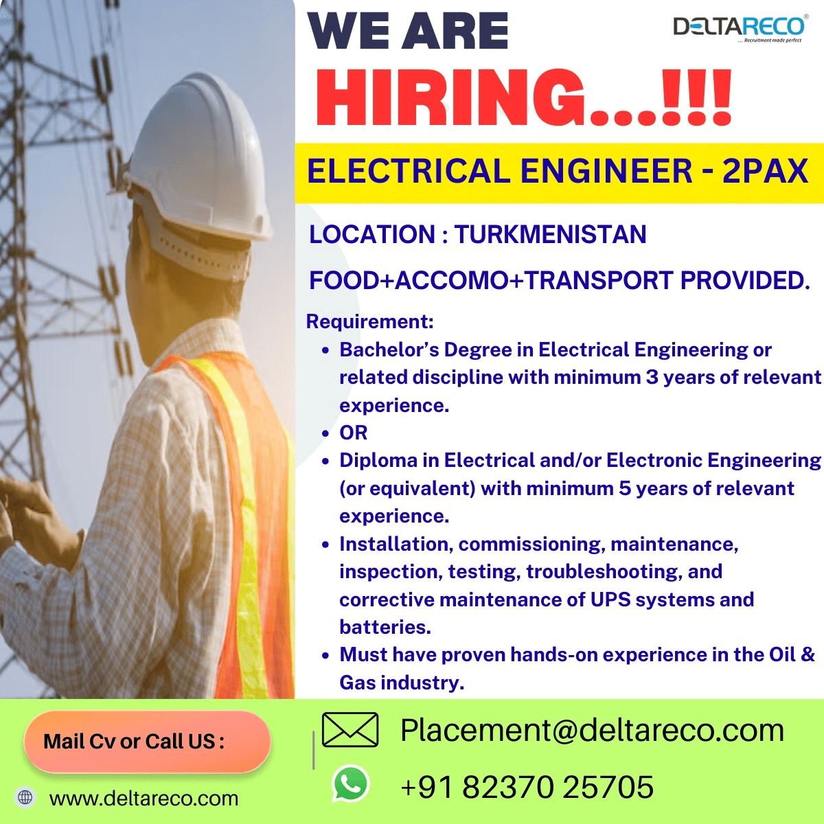 Hiring Electrical Engineer for Turkmenistan