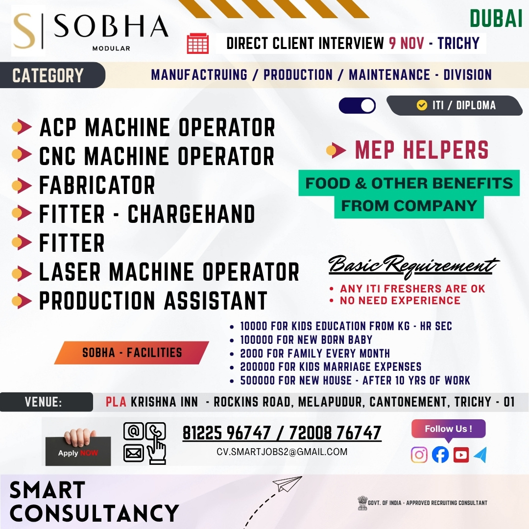 WANTED FOR A LEADINGMANUFACTURING COMPANY | (DUBAI) - DIRECT CLIENT INTERVIEW ON 9th NOVEMBER - TRICHY