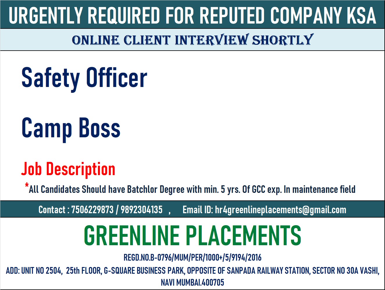 URGENTLY REQUIRED FOR REPUTED COMPANY KSA