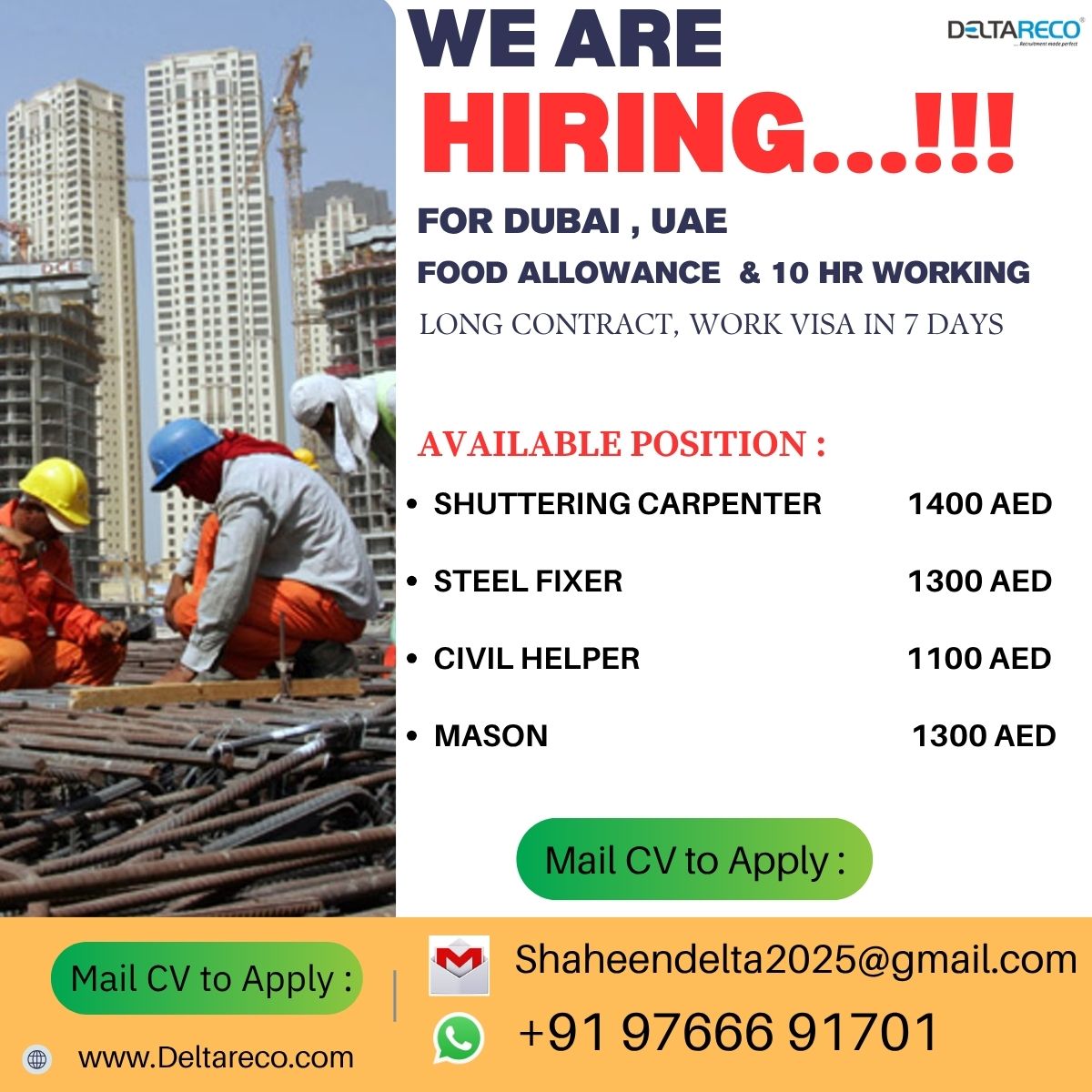 Hiring 500 Construction Workers Huge Demand for Dubai UAE