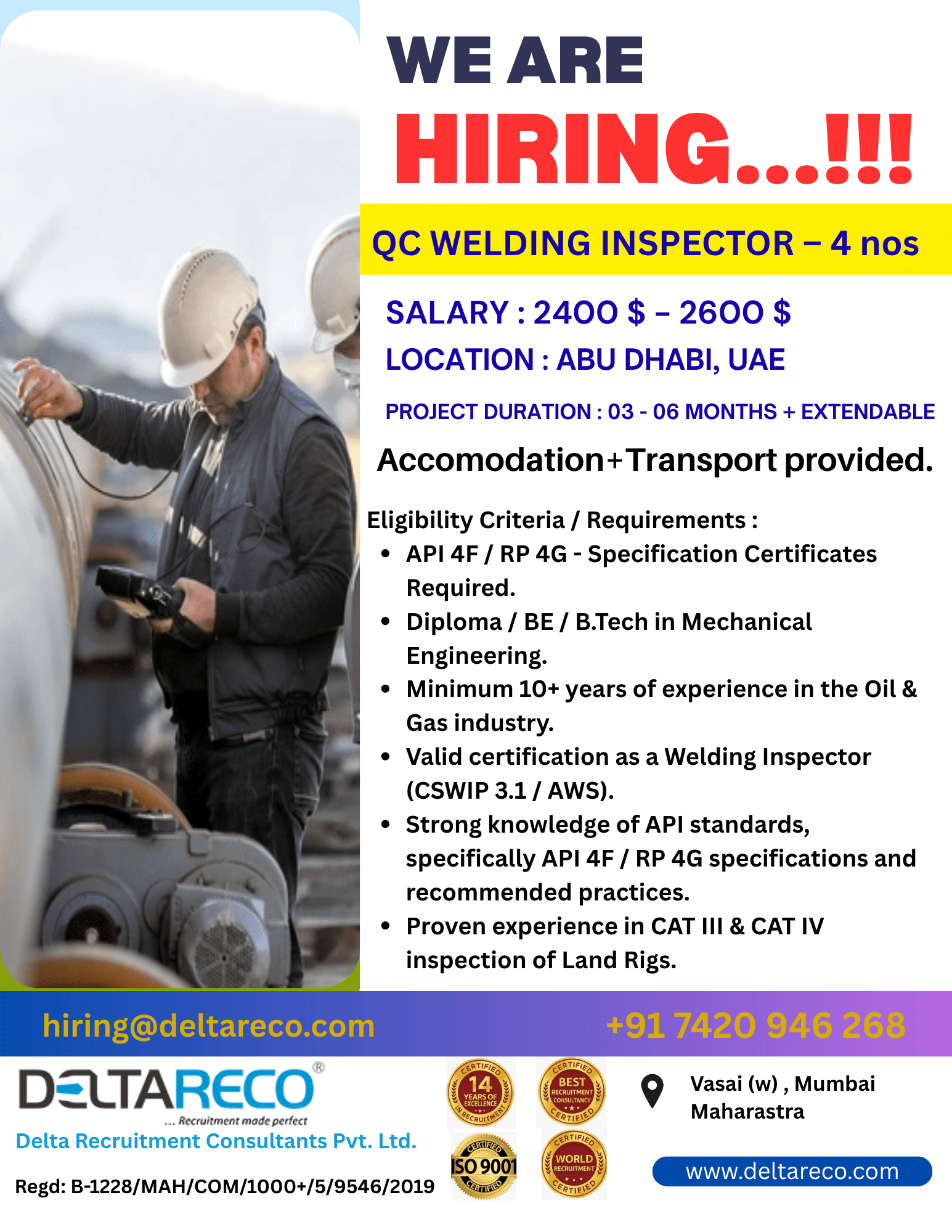 Hiring Qc Welding Inspector for Abu Dhbai UAE