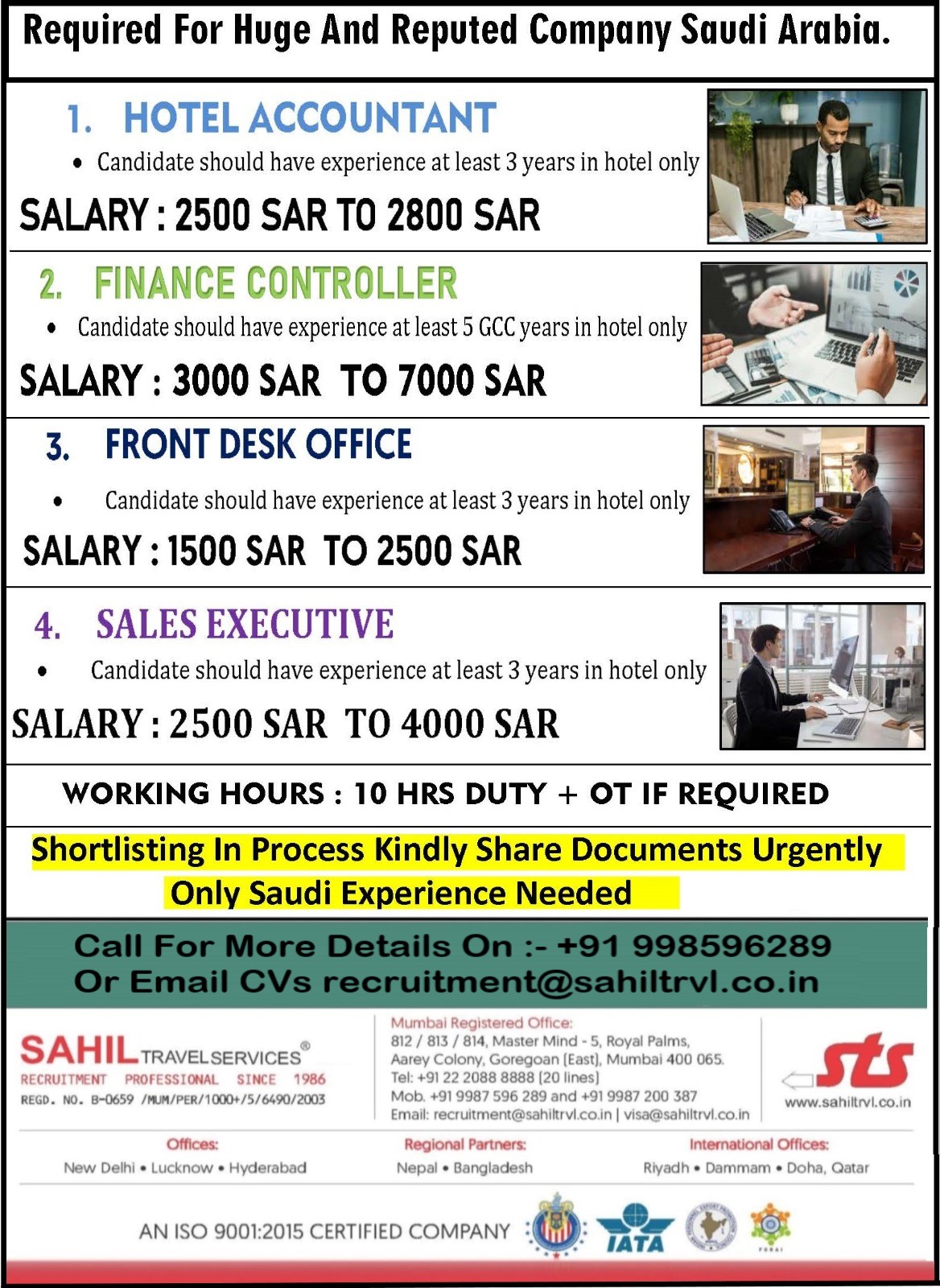 URGENTLY REQUIRED FOR 4 STAR HOTEL IN JUBAIL