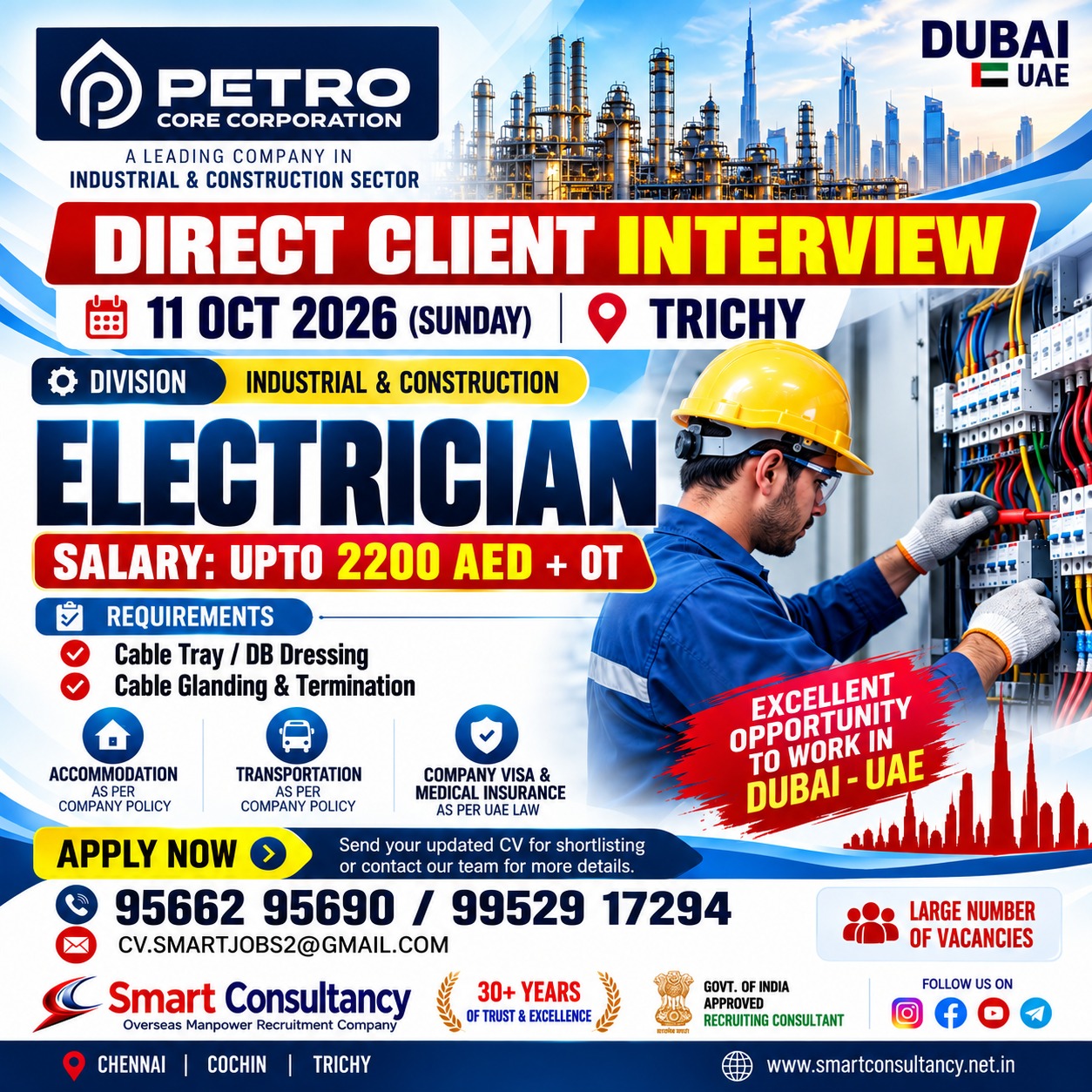 Electrician Opportunity – Dubai, UAE | Petro Core Corporation | Trichy Interview – 11 October 2026