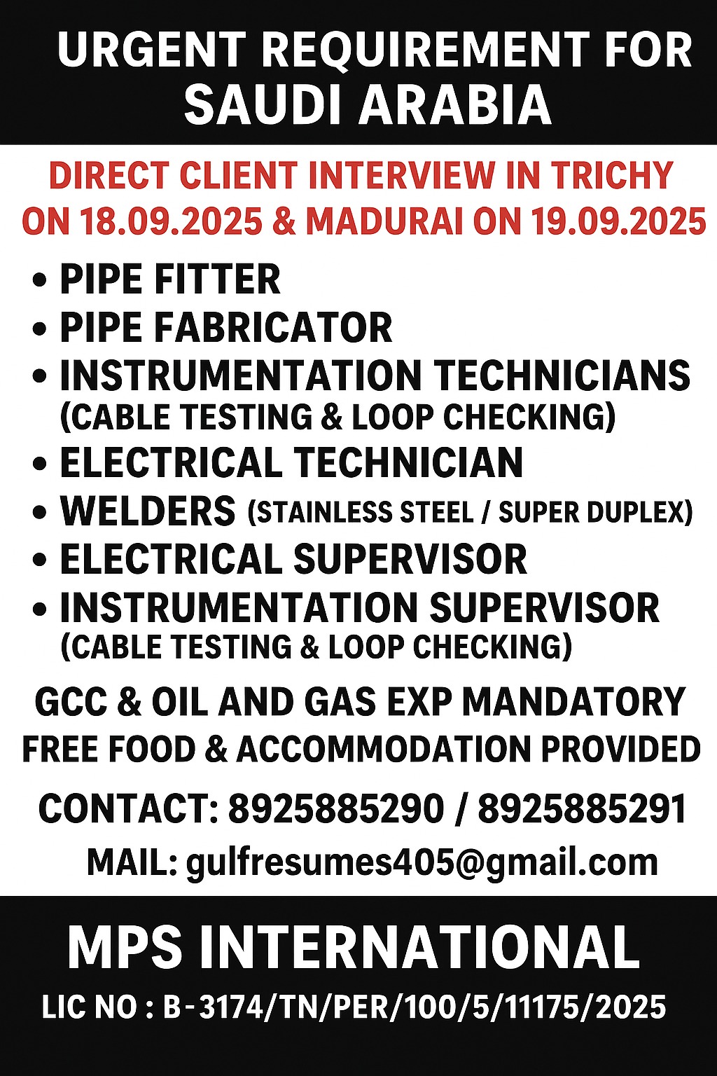 URGENT RECRUITMENT FOR SAUDI ARABIA CLIENT INTERVIEW IN TRICHY ON 18.09.2025 & MADURAI ON 19.09.2025