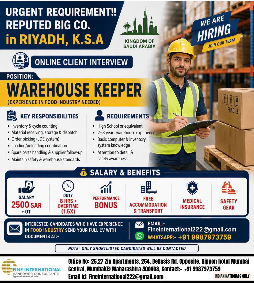URGENT REQUIREMENT!! REPUTED BIG CO. in RIYADH, K.S.A 💻 ONLINE CLIENT INTERVIEW  💥 Position:- WAREHOUSE KEEPER 