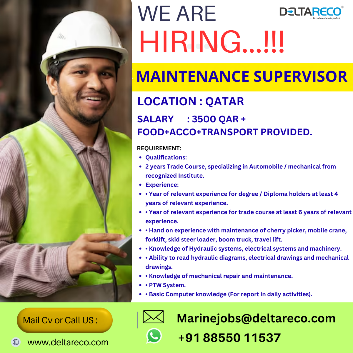 Hiring Maintenance Technician  for  Qatar