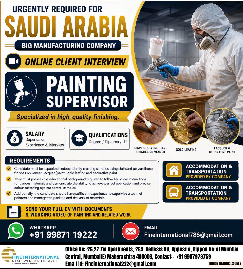 🚨 Urgently Required for Saudi Arabia 🇸🇦 Big Manufacturing Company | Online Client Interview  🎨 Position: Painting Supervisor