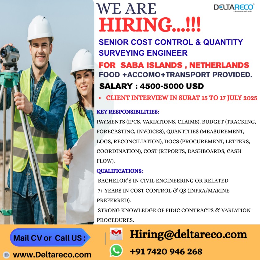 Hiring  Senior Cost Control & Quantity Surveying Engineer for Netherlands