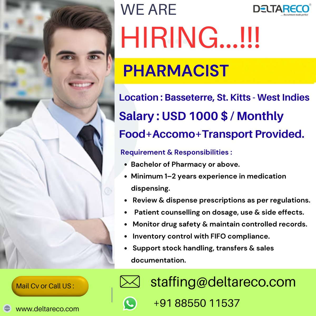 Hiring pharmacist and Assistant pharmacist for West indies.